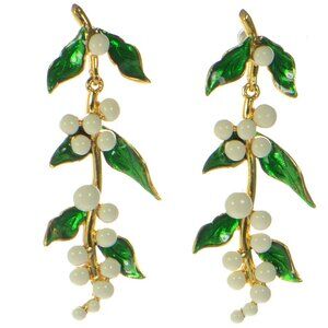Oscar de la Renta Green Leaf Faux Pearl Lily Earrings